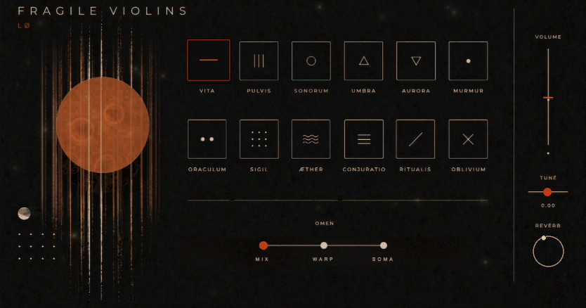 Fragile Violins instrument interface with articulation and sound controls